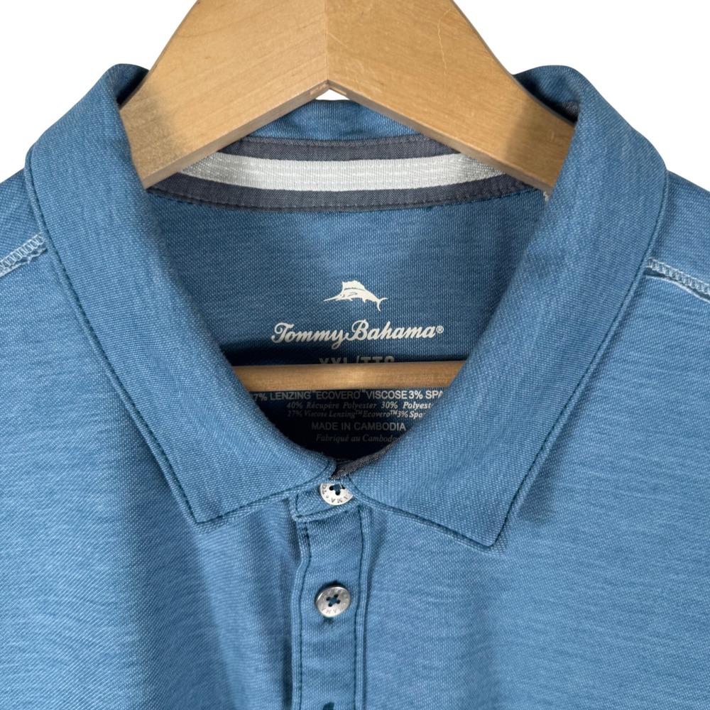 Tommy Bahama Mens XXL Blue Long‎ Sleeve Polo Shirt Heathered Sustainable Blend